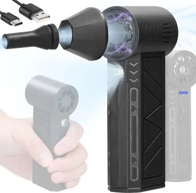 A product image showcasing an electric dust blower with various attachments and charging cables, with a hand holding a similar device in the background.