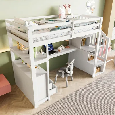 Produktbild von Halbhohes Bett,90x200cm,Hausform,Fenster,4 Schubladen,LED-Lichtleiste,Lagerleiter,ohne Matratze,Wei?