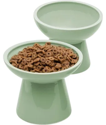 Produktbild von Erhöhte Keramik-Katzennäpfe, extra breit, flach, schnurrhaarschützend, salbeigrün, 2er Set
