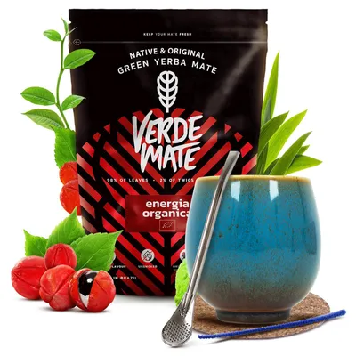 Produktbild von Verde Mate - Mate Tee  Set Energia Organica 400g - Yerba Mate Dicke Blätter 5mm - mit Keramik Becher Isla 220ml, Bombilla - Luftgetrocknet, Mild