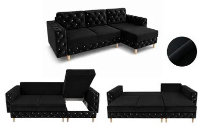 Produktbild von Ecksofa DELUX mit Schlaffunktion und Bettkasten 140x200 – L Form Sofa Schwarz