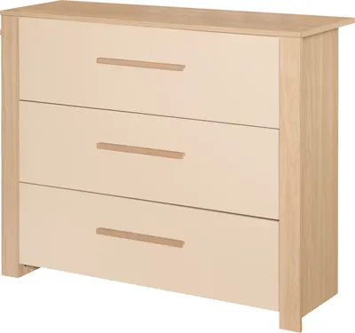 A chest of drawers with three drawers, made of light wood and beige panels.
