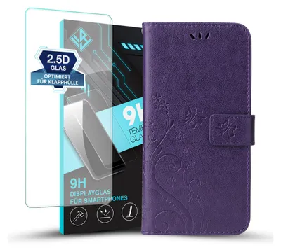 Produktbild von Handyhülle für Samsung Galaxy A16 / A16 5G mit 9H Displayglas Floral Blumen Schmetterling Flip Cover Hülle Case Klapphülle Handytasche Farbe: Violett