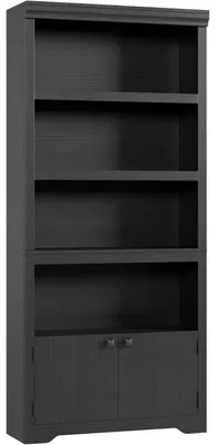 Image de Étagère de 5 niveaux - Bibliothèque de style rustique avec 2 portes - Étagères réglables en hauteur - Bibliothèque ouverte sur pied - Meuble en bois de 60 cm de largeur - Noir