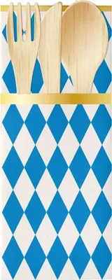 Produktbild von 6 Bestecktaschen aus Papier, blau-weiß Rautenmuster, bayerisches Thema, beidseitig bedruckt mit goldenem Rand