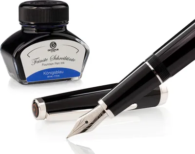 Produktbild von Füllhalter Set Cleo Skribent Classic Palladium Schwarz, Patronen-Füllhalter und 30 ml Tinte Blau