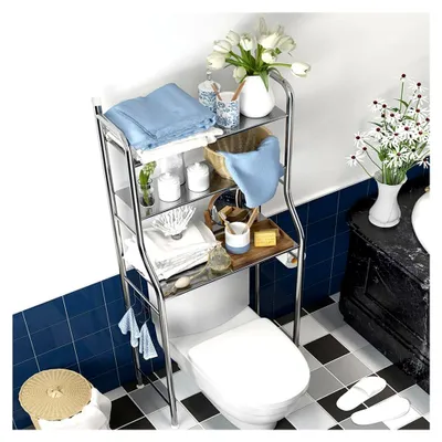 Produktbild von Toilettenregal aus Edelstahl, Badezimmerregal für die Wandmontage, Stehregal für das Bad ohne Bohren