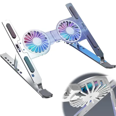 Image de Support pour ordinateur portable réglable en hauteur avec ventilateur RGB - Support en aluminium recyclé - Compatible avec MacBook, Lenovo, gadgets de bureau et ordinateurs portables de jeu 17 pouces