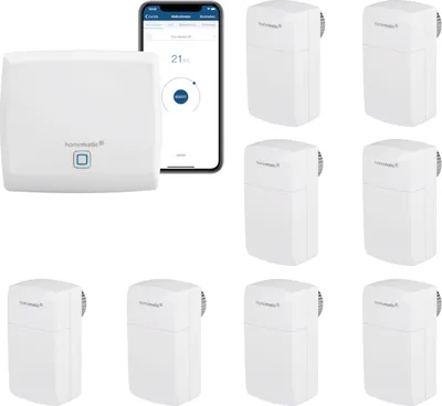 Produktbild von Homematic IP Smart Home Heizungssteuerung Behördenmodell mit App für 8 Heizkörper - Geeignet für Büros, Arztpraxen und Gewerbe. Inhalt: Access Point, 8 Heizkörperthermostate - kompakt. Kompatibel mit Alexa und Google Home.