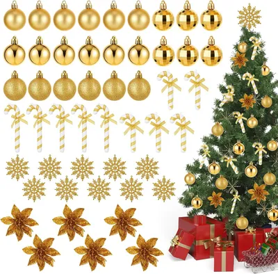 Produktbild von Set mit 50 Weihnachtsbaumschmuck-Ornamenten: Goldene Christbaumkugeln und Schneeflocken Deko