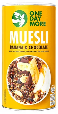 Produktbild von OneDayMore | Schoko Bananen Müsli ohne Zuckerzusatz | knusprig mit dunkler Schokolade, Bananen, Granola und Kakokeksen 400 g