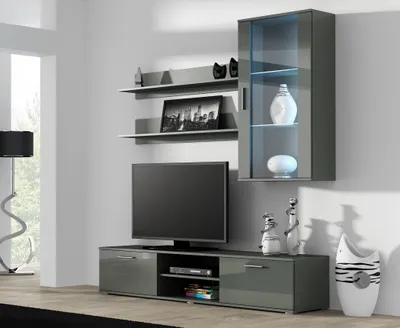 Produktbild von Furniture24 Wohnwand SOHO 5 mit Blauer LED Beleuchtung, Anbauwand, Wohnzimmerschrank, Schrankwand, Vitrine, Lowboard, Hängeregal Grau/Grau Hochglanz