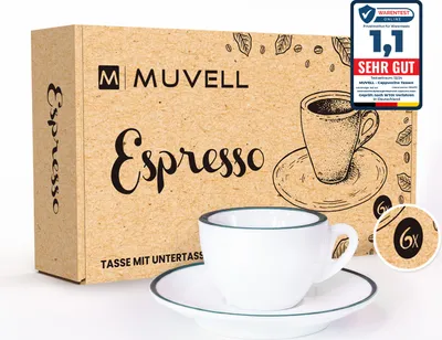 Produktbild von MUVELL 6x Espressotassen á 60 ml | Weiß mit grünen Rand | Italian Style | extra dickwandig mit 0,8 cm & schwere Ausführung | spülmaschinenfest | 12 teiliges Espressotassen Set - Geschenkset