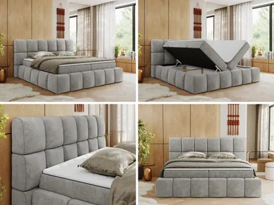 Produktbild von MKS MEBLE Boxspringbett, Doppelbett NIRA mit dekorativem Kopfteil, Multipocket-Matratze und Topper, Polsterbett mit Bettkästen - 180 x 200 cm - H3 - Hellgrau Struktur