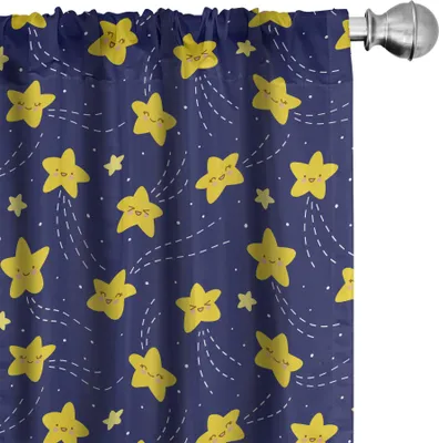 Produktbild von ABAKUHAUS Kindergarten Vorhänge, Gardinen, Kindisch Stil Happy Sleeping Sterne Himmel Schlafenszeit Nacht Comet Karikatur-Druck, 2 Stück 75 x 175 cm, Indigo und Gelb