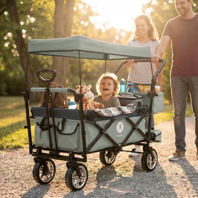 Produktbild von Miweba Bollerwagen MB-20 faltbar | Transportwagen mit Dach - Handwagen - Transportkarre - Hartgummireifen - mit Anschnall-Gurt - bis 100 kg (Grau V2)