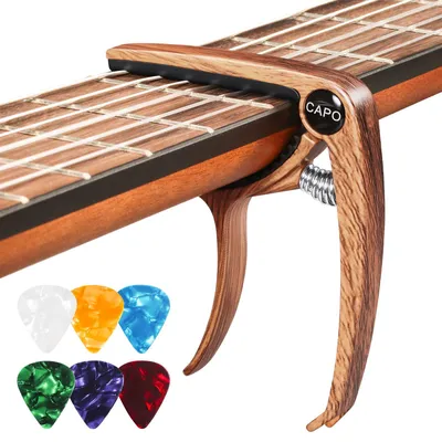 Productafbeelding van Capodaster voor gitaar, met 6 plectrums, metaal en hout
