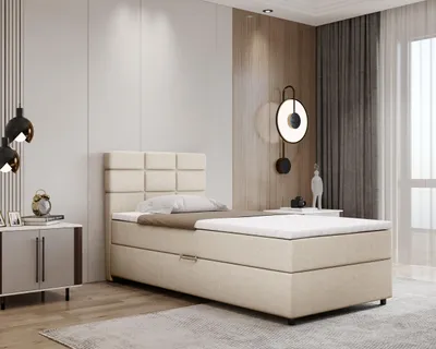 Produktbild von Boxspringbett 100x200, mit Bettkasten, Beige, Matratze und Topper, Einzelbett, REVE, Panda Möbel