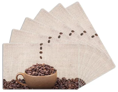 Produktbild von Wallario Frühstücksbrettchen 6er Set aus Glas, je 14 x 23 cm, mit rutschfesten Füßen, Motiv Tasse mit Kaffeebohnen - Kaffeedesign