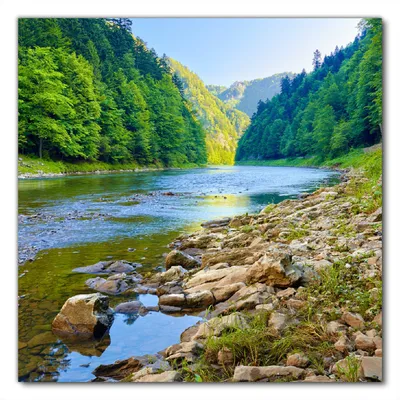 Produktbild von Wallario selbstklebende Möbelfolie/ Tischdecke für Innen und Außen, Größe: 50 x 50 cm - Fluss in den Bergen an steinigem Ufer