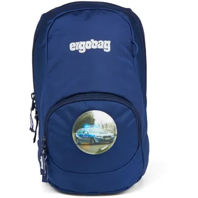 A blue backpack with a police car graphic on the front pocket.