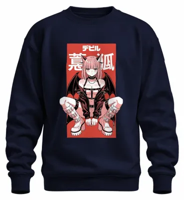 Zdjęcie produktu dla Bluza z kapturem w stylu Y2K, inspirowana anime o demonach, motyw sukuba, japoński styl, kolor granatowy, rozmiar M