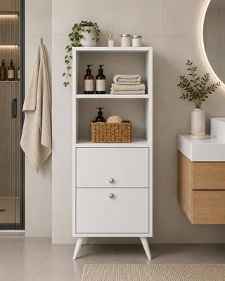 Immagine prodotto di HOMIDEA Naz: mobile da bagno con ante e ripiani aperti – Mobile multiuso per bagno, cucina e soggiorno (bianco)