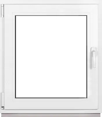 A white window frame with a clear glass pane, set against a white background.
