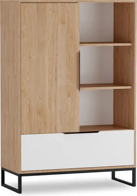 Produktbild von Regalschrank LANDRO LR-08 mit 1 Schublade 1 Tür Regal Schrank 90 x 135 cm Standregal Wohnzimmerschrank Wohnzimmer Modern Loft (Hikora / Weiß Matt)