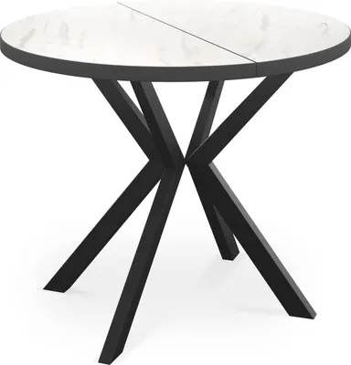 Obrázek produktu pro Kulatý rozkládací stůl v bílém mramorovém vzhledu do jídelny - Černý Imitace hrany stolu - 100 nebo 120 cm - Rozkládací stůl s černými kovovými nohami s práškovým nástřikem - 100 cm