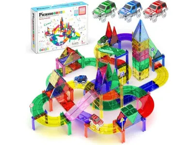Produktbild von PicassoTiles – Magnetisches Bauset und Rennstrecke 2 in 1 (128 Teile)