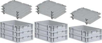 Produktbild von SuperSparSet 8x Eurobox NextGen Economy mit Auflagedeckel und 4x Schiebeschnappverschlüsse Schwarz | Griffe geschlossen | HxBxT 12x40x60cm | 23 Liter | Eurobehälter, Transportbox, Transportbehälter, Stapelbehälter