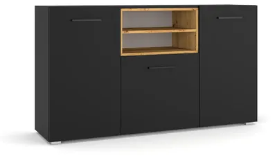 Produktbild von Buffet Ania mit 3 Türen, Schwarz und Holzoptik, 151cm