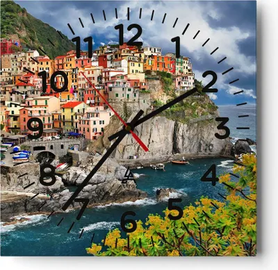 Produktbild von Wanduhr - Quadrat - Glasuhr - Italien küste felsen landschaft - 30x30cm - Schleichendes Uhrwerk - Lautlos - zum Aufhängen bereit - Dekoration Modern - Wanddekoration aus Glas - C4AC30x30-2710