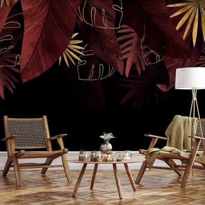 Produktbild von Selbstklebende Folie Fototapete - Jungle and composition - red and gold leaf motif on black background 245x175 cm Blätter b-A-10169-a-c