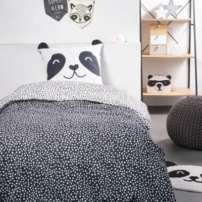 A child's bedroom with panda-themed bedding and decor.