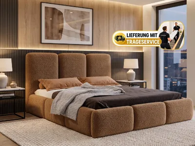 Produktbild von Polsterbett VARDO 200x200 cm mit Bettkasten, Stauraum und Metall-Lattenrost – Bouclé Stoff Braun