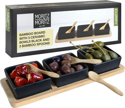 Servierschalen-Set, 3 Dipschalen + Platte + Löffel, schwarz