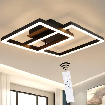 A modern black ceiling lamp with white LED lights, shown on a ceiling with a remote control and Wi-Fi symbol overlay.