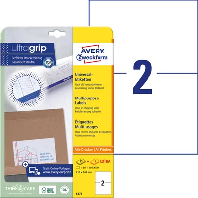 Produktbild von Avery Zweckform 6176, Universal-Etiketten, A4, Qualitätsdruck mit: ultragrip, 210 x 148 mm, 60 Etiketten / 30 Bögen, weiß