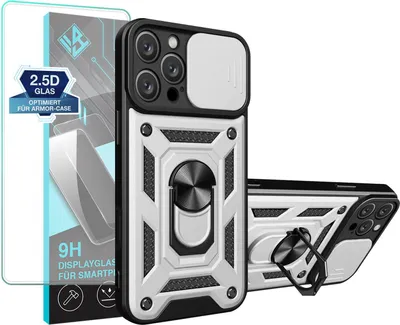 Produktbild von Armor Handyhülle für Apple iPhone 16 Pro Max mit 9H Displayglas Displayschutz Kameraschutz Handy Panzer Case Cover Schutzhülle Outdoor Farbe: Silber