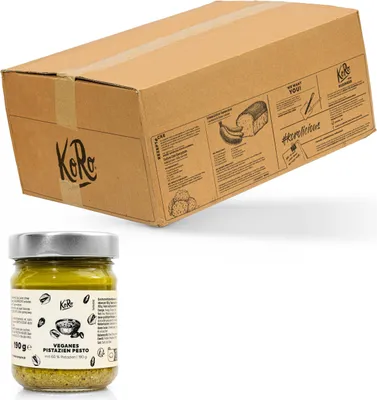 A cardboard box and a jar of pesto are shown against a white background.