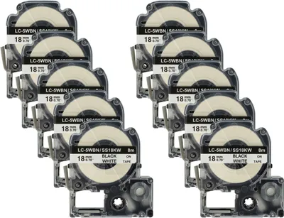 Produktbild von vhbw 10x Schriftband-Kassette kompatibel mit KingJim SR530, SR550, SR3900C, SR530C, SR3900P, SR40 Etiketten-Drucker 8m x 18mm Schwarz auf Weiß