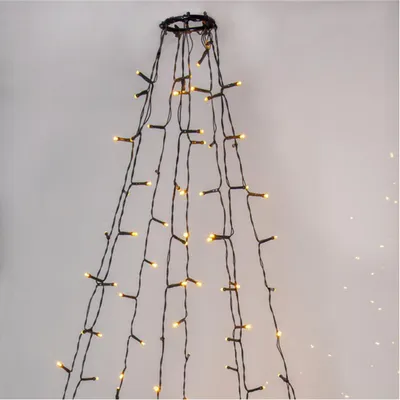 A close-up view of a string of LED lights hanging from a circular frame.