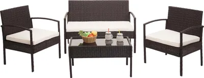 Produktbild von Poly-Rattan Garnitur HWC-F56, Balkon-/Garten-/Lounge-Set Sitzgruppe  braun, Kissen creme