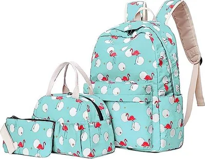Obrázek produktu pro Sada tří kusů batohů Unyqoos® s motivem flaminga – voděodolný, lehký polyamid: batoh na notebook 30×19×43 cm (pro notebooky do 14 palců) + termo taška na oběd 28×15×17 cm (objem 2 x 750 ml) + pouzdro na psací potřeby 20×11 cm
