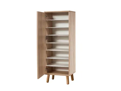 A tall, narrow shoe cabinet with its door open, revealing multiple shelves.