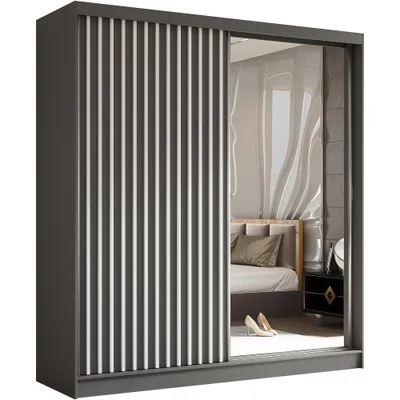 Image de BEAUTYSOFA Armoire à lattes HELIX 200 cm - armoire de style moderne avec portes coulissantes et miroir (graphite + blanc)