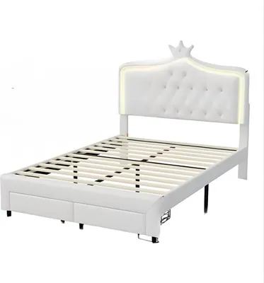 Immagine prodotto di Letto per bambine - 140x200cm - Letto imbottito con 2 cassetti - Illuminazione LED e schienale - Struttura a doghe - Twijfelaar