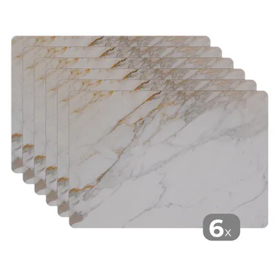 Obrázok produktu pre MuchoWow® Podložky Sada 6 podložiek Umývateľné podložky 30x45x0.3cm Mramor - kameň - biely - zlatý - mramorový vzhľad - kameň - luxusný Podložka pod
